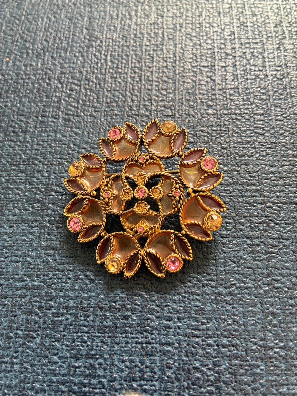 Gold-Tone Floral Brooch with Pink and Champagne Crystals